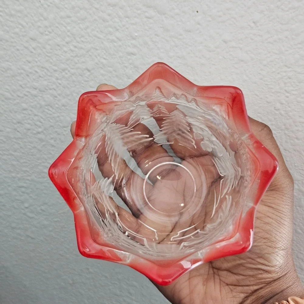 Vintage Red Trimmed Frosted Glass Candle Holder Winter‎ Scene Christmas Decor